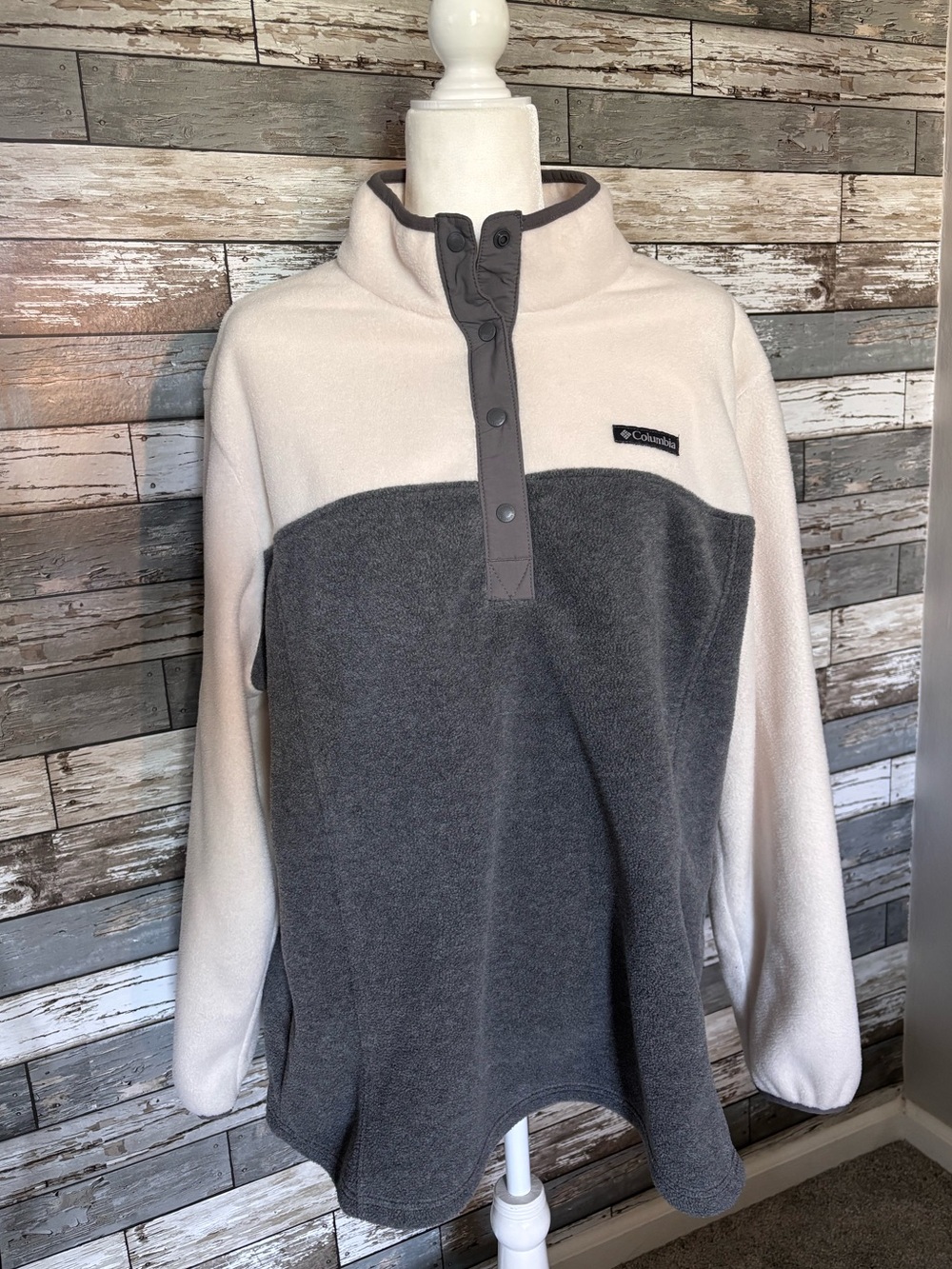 Columbia Fleece Quarter-Snap Up Two Tone Cream/Gray Cozy Pullover Womens 2X